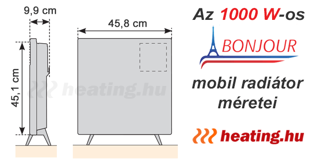 A Bonjour 2 1000 W-os mobil elektromos konvektor méretei.