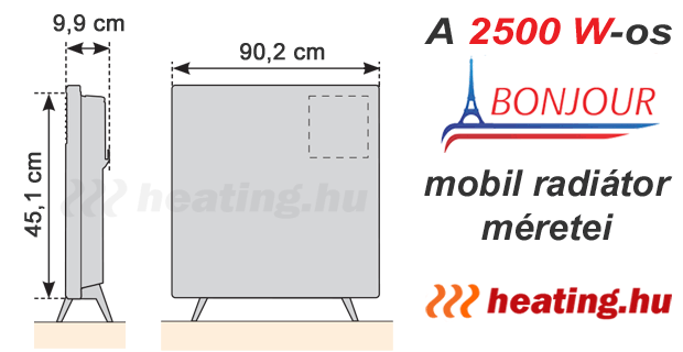 A Bonjour 2 2500 W-os hordozható villanyradiátor méretei.