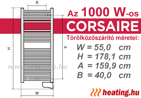 Az 1000 W teljesítményű Thermor Corsaire elektromos törölközőszárító szerelési méretei.