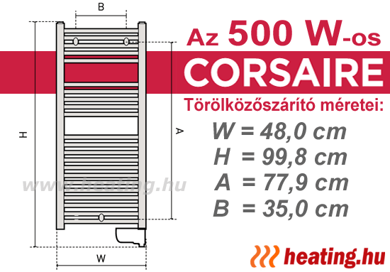 Az 500 W -os Thermor Corsaire elektromos törölközőszárító méretei.