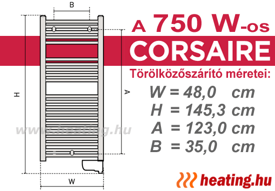 A 750 W -os Thermor Corsaire elektromos törölközőszárító mérettáblázata.