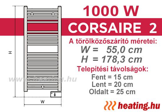 Az 1000 W teljesítményű Thermor Corsaire 2 elektromos törölközőszárító méretei és helyigénye.