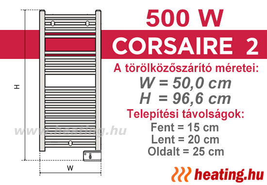 Az 500 W -os Thermor Corsaire 2 elektromos törölközőszárító méretei.