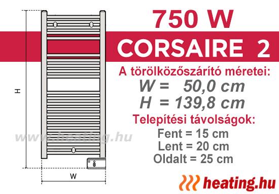 A 750 W -os Thermor Corsaire 2 elektromos törölközőszárító mérettáblázata és helyigénye.
