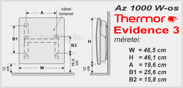  A Thermor Evidence 3 HD 1000 W-os  digitális vezérlésű elektromos radiátor méretei.