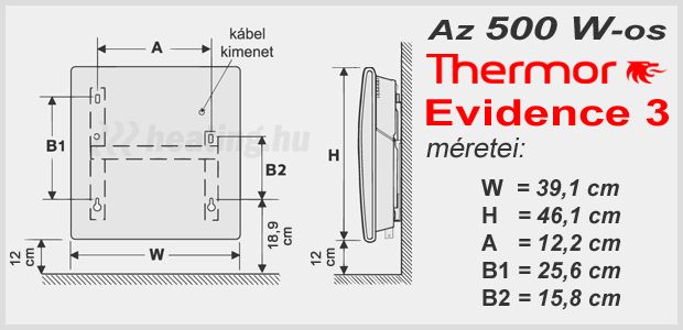 A Thermor Evidence 3 HD 500 W teljesítményű, programozható elektromos radiátor méretei.