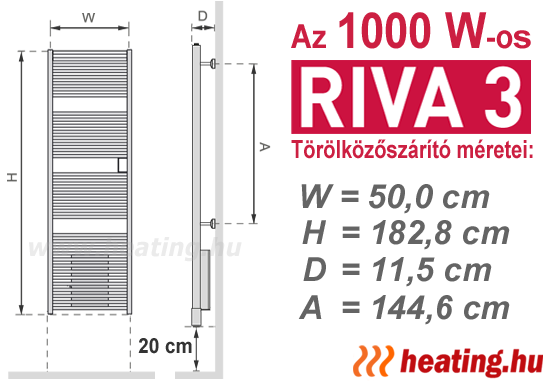Az 1000 W teljesítményű Riva 3 törölközőszárító elektromos radiátor méretei.