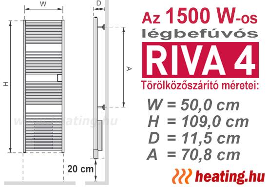 A Riva 4 hőlégfúvós elektromos törölközőszárító radiátor főbb méretei.