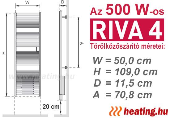Az 500 W-os Riva 4 ErP ready elektromos törölközőszárító radiátor méretei.