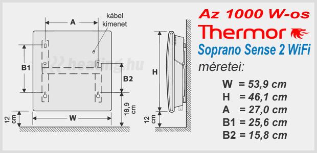 Az 1000 W-os Soprano Sense 2 WiFi fűtőpanel méretei.