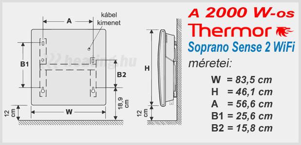 A Soprano Sense 2 WiFi 2000 W fűtőpanel méretei.