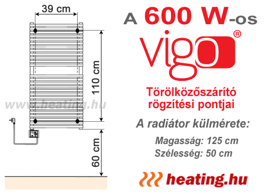 A 600 W-os Vigo elektromos törölközőszárító radiátor rögzítési pontjai.