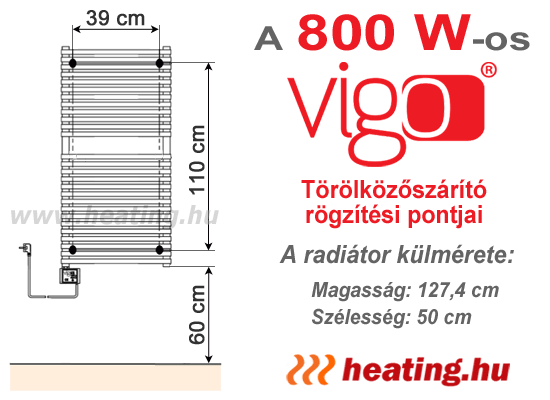 A 800 W teljesítményű Vigo elektromos törölközőszárító szerelési pontjai.