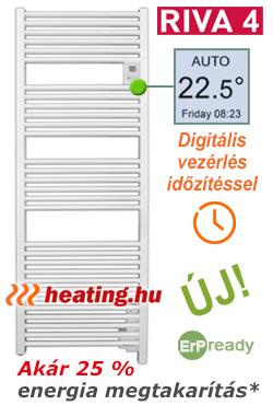 Riva 4 törölközőszárító radiátor és fürdőszobai elektromos fűtés digitális vezérléssel.